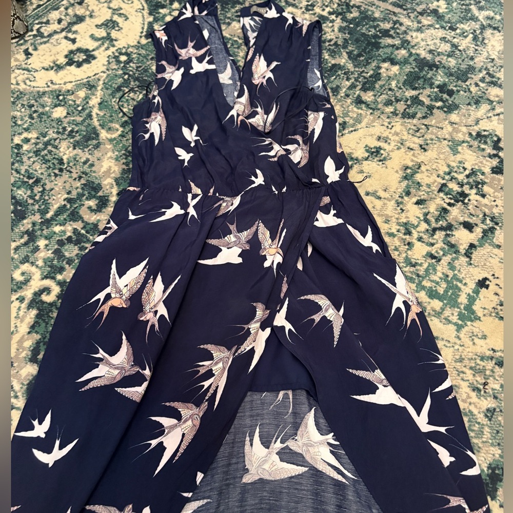 Elegant Navy Bird Print Dress